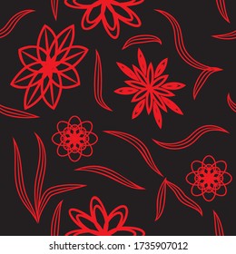 seamless pattern with leaves and flowers linocut style