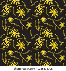 seamless pattern with leaves and flowers linocut style