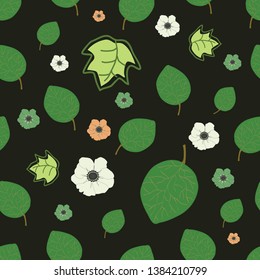 Seamless pattern of leaves and flowers on a black background