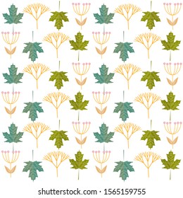 Seamless pattern: leaves and flowers on white background, vector