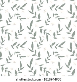 Nahtloses Muster mit Blättern und Blumen auf weißem Hintergrund. Schönes Muster für Verpackungspapier, Geschenktaschen, Stoffe. Grüne Zweige und Löwenzahn.