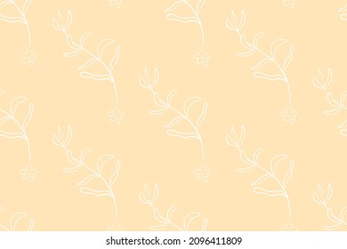 Patrón sin foco de hojas y flores en un fondo de melocotón. Para el diseño textil, embalaje, postales.