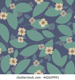 Seamless pattern with leaves and flowers on blue background
