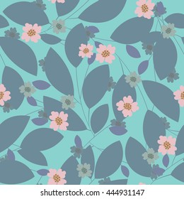 Seamless pattern with leaves and flowers on bright turquoise background