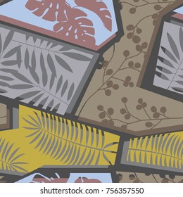 Seamless pattern with leaves and flowers on a geometric background. Vector illustration.