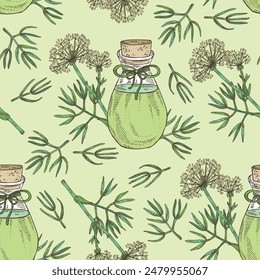 Seamless pattern with сrithmum: сrithmum leaves, flowers and сrithmum plant and bottle of сrithmum essential oil. Sea ​​fennel. Cosmetic, perfumery and medical plant
