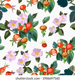 Seamless pattern with leaves and flowers and rosehip fruits on a white background
