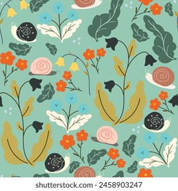 Seamless pattern with leaves, flowers, and snails. Cartoon pattern on turquoise background.