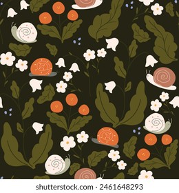 Seamless pattern with leaves, flowers, and snails. Cartoon pattern on black background.