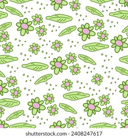 seamless pattern with leaves and flowers in the style doodle with groovy daisy flowers for childrens clothes, wallpaper, wrapping paper