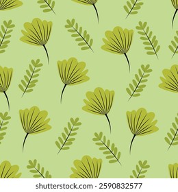 A seamless pattern of leaves and flowers that create a harmonious and fresh atmosphere.