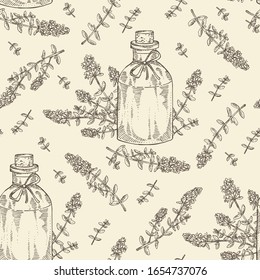 Seamless pattern with leaves and flowers of thyme and bottle of thyme essential oil. Cosmetic, perfumery and medical plant. Vector hand drawn illustration.