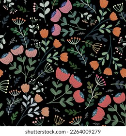 Patrón sin foco con hojas y flores. Archivo vector para diseños.