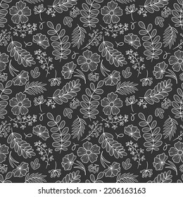 Seamless pattern with leaves and flowers. Wrapping paper. Vector floral wallpaper. Natural background. Textile print. Fabric textures.