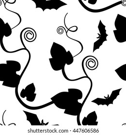 Seamless pattern with leaves and flying bats silhouettes. Original vector background for greeting cards, invitations, prints.