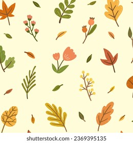 Seamless pattern with leaves, foliage, flowers and plants on color background. Seasonal vector illustration in flat style for textile print, wallpaper, backdrop, wrapping paper