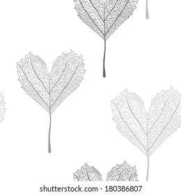 seamless pattern with leaves in the form of heart. skeleton leaf