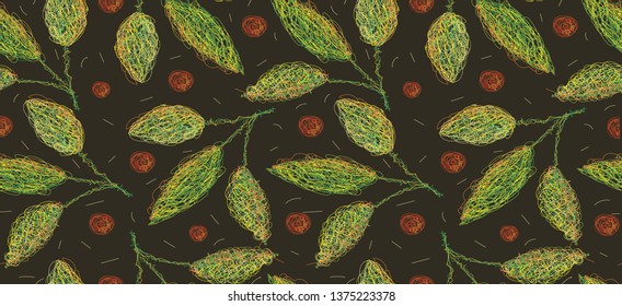 Seamless pattern of leaves and fruits. All details are drawn by hand in a special manner with winding lines. EPS10