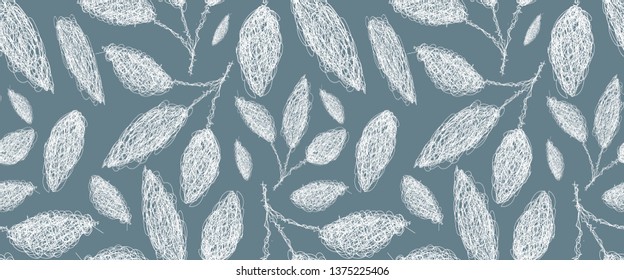Seamless pattern of leaves and fruits. All details are drawn by hand in a special manner with winding lines. EPS10