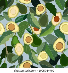 Seamless pattern with leaves and fruits avocado tree on a blue background. Vector illustration with plants. EPS 10