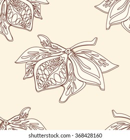  Seamless pattern of leaves and fruits of cocoa beans. Cacao tree, cocoa tree or Theobroma cacao, leaves, fruit and branch.