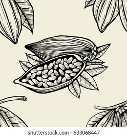 Seamless pattern with leaves and fruits of cocoa beans. Vintage black vector hand drawn engraving illustration. Isolated on white background.