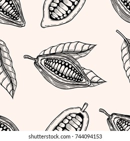 Seamless pattern with leaves and fruits of cocoa beans. Vintage black vector hand drawn engraving illustration. Isolated on white background.