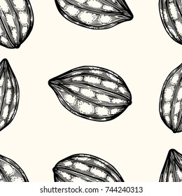Seamless pattern with leaves and fruits of cocoa beans. Vintage black vector hand drawn engraving illustration. Isolated on white background.