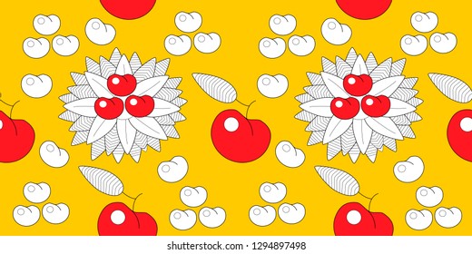 Seamless pattern leaves and fruits. Illustration for fabrics, phone case paper, gift packaging, textiles, interior design, cover.Web