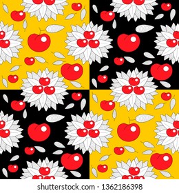 Seamless pattern leaves and fruits. Illustration for fabrics, phone case paper, gift packaging, textiles, interior design, cover.