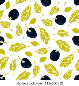 Seamless pattern with leaves and fruits of the olive tree. Vector illustration.