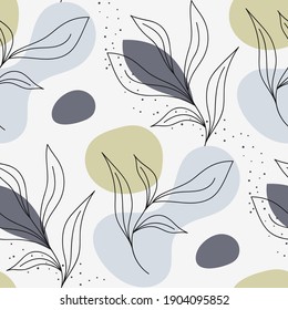 Seamless pattern of leaves, geometric different shapes and scribble. Abstract background with spots and lines. Vector illustration. Modern repeating texture. Design fabric, paper, wallpaper.