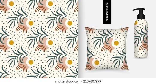 Seamless pattern with leaves and geometric shapes. Pattern in hand drawn style. Background with abstract shapes and scribbles. Repeating texture. Vector illustration. Design paper, fabric. Mockup.