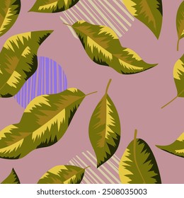 Seamless pattern with leaves and geometric shapes. Abstraction. Vector