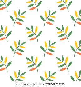 Seamless pattern with leaves in a geometric style for printing on packaging and textiles. Multi-colored leaves swirl and fall. Background with repeating elements.