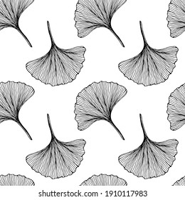 Seamless pattern with leaves. Ginkgo biloba leaves background. Hand drawn black and white vector illustration.