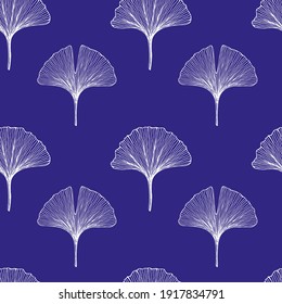 Seamless pattern with leaves. Ginkgo biloba leaves background. Hand drawn white vector illustration on blue background