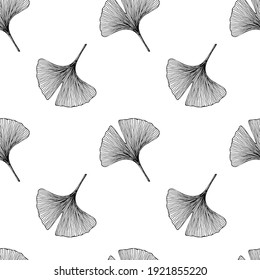 Seamless pattern with leaves. Ginkgo biloba leaves background. Hand drawn black and white vector illustration.