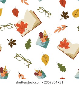 Patrón sin foco con hojas, gafas, libro. Perfecto para papel tapiz, papel de regalo, rellenos de patrones, fondo de página web, tarjetas de felicitación de otoño. Patrón en los swatches.