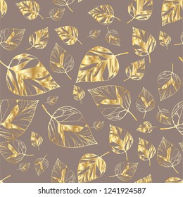 Seamless pattern with leaves with a gold hand drawn outline, on a gray background, cover design, packaging, textiles, etc., vector design