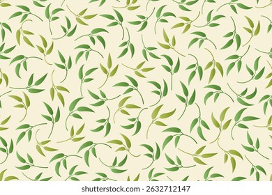 Seamless pattern of leaves in gradient shade of green on white background arranged randomly, can be used for background, textiles, wrapping paper and other decorative purposes.
