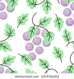 Patrón sin foco con hojas y bayas de uva. Estilo vectorial naive. Patrón lineal sin costuras.