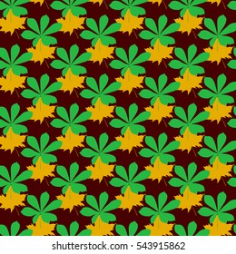 Seamless pattern with leaves in green background