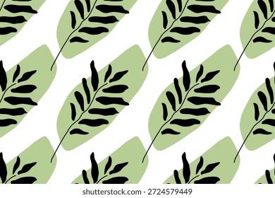 Padrão contínuo com folhas em cor verde e preta. Desenhado à mão livre Folhas em padrão repetitivo no fundo branco. Vetor Impressão natural para papel de parede, scrapbooking, papel de embrulho, têxtil