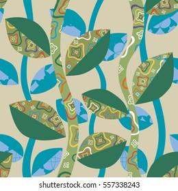 Seamless pattern. The leaves are green and blue with textured.