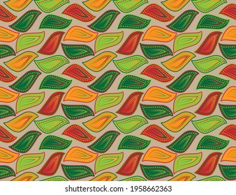  Seamless pattern with leaves. Green, red, orange colors.