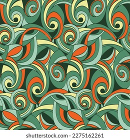Patrón sin inconvenientes con hojas, estilo Groovy 70, vectores e ilustraciones con un estilo de los años 70, estilo retro 70, psicodelics, diseño vintage
