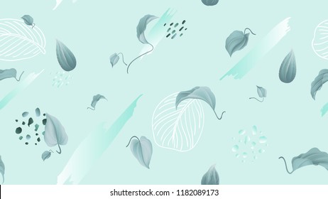 Seamless pattern, leaves and hand drawn graphics on light green background, soft green and blue tones