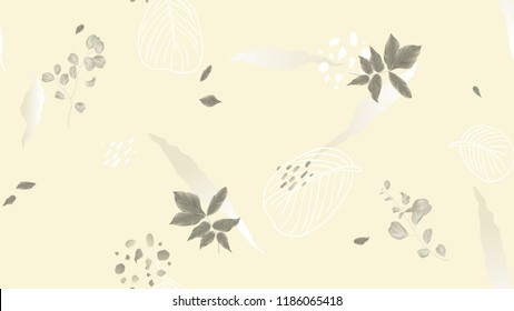 Seamless pattern, leaves and hand drawn graphics on light brown background, soft nude and brown tones