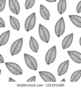 Seamless pattern with leaves, hand drawn outline black ink leaves on white background.